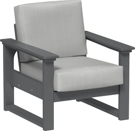 This image shows the deep seating chair on a white background. The frames are slate and the cushion is spectrum dove.
