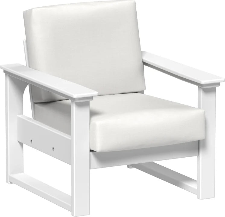 This image shows the deep seating chair on a white background. The frames are white and the cushion is canvas.