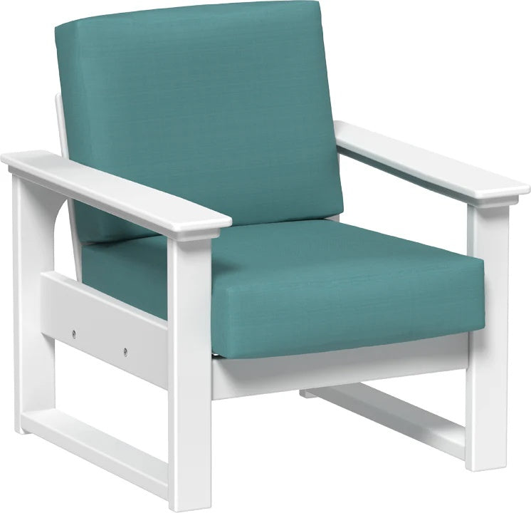 This image shows the deep seating chair on a white background. The frames are white and the cushion is cast breeze.