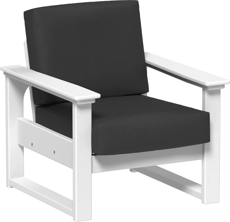 This image shows the deep seating chair on a white background. The frames are white and the cushion is spectrum carbon.