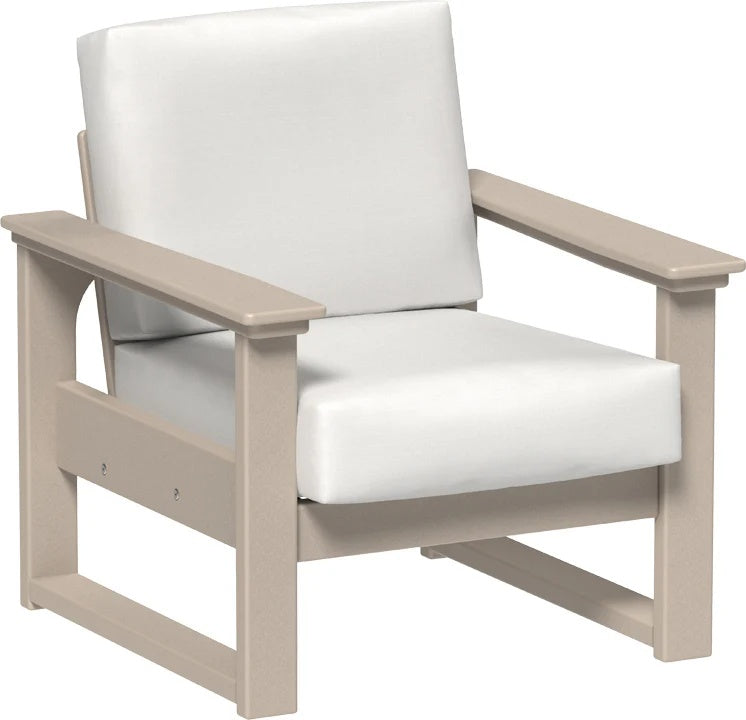 This image shows the deep seating chair on a white background. The frames are weatherwood and the cushion is canvas.