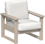 This image shows the deep seating chair on a white background. The frames are weatherwood and the cushion is canvas.