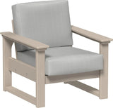 This image shows the deep seating chair on a white background. The frames are weatherwood and the cushion is spectrum dove.