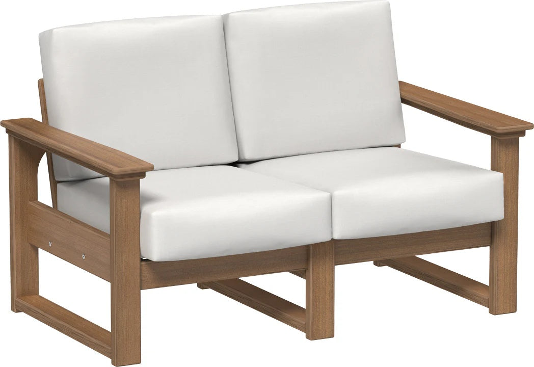 This image shows the deep seating loveseat on a white background. The frames are antique mahogany and the cushions are canvas.