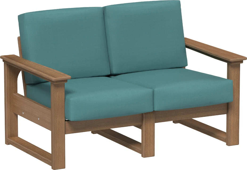 This image shows the deep seating loveseat on a white background. The frames are antique mahogany and the cushions are cast breeze.