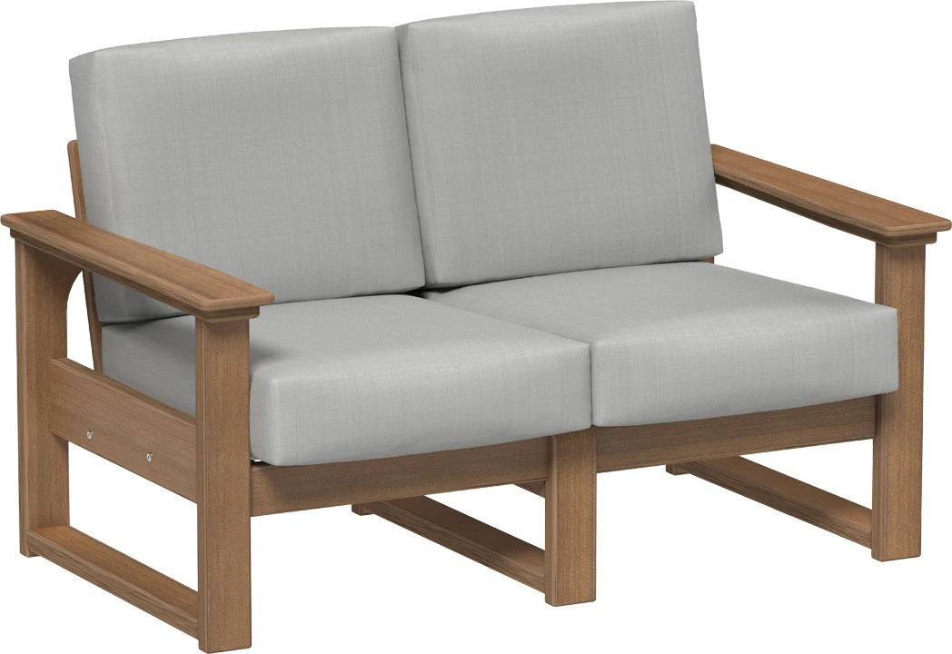 This image shows the deep seating loveseat on a white background. The frames are antique mahogany and the cushions are spectrum dove.