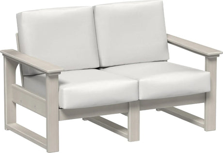 This image shows the deep seating loveseat on a white background. The frames are birch and the cushions are cavnas.