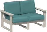 This image shows the deep seating loveseat on a white background. The frames are birch and the cushions are cast breeze.