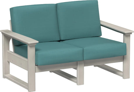 This image shows the deep seating loveseat on a white background. The frames are birch and the cushions are cast breeze.
