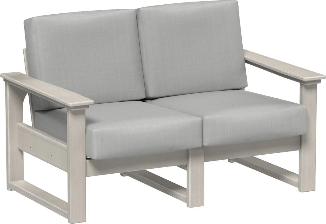 This image shows the deep seating loveseat on a white background. The frames are birch and the cushions are spectrum dove.