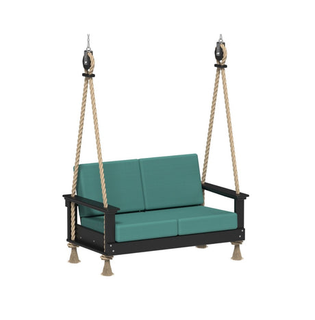 This is an image showing the Loveseat Swing on a white background. The frames are Black and the cushions are Cast Breeze colored.