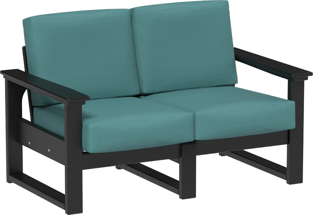 This image shows the deep seating loveseat on a white background. The frames are black and the cushions are cast breeze.