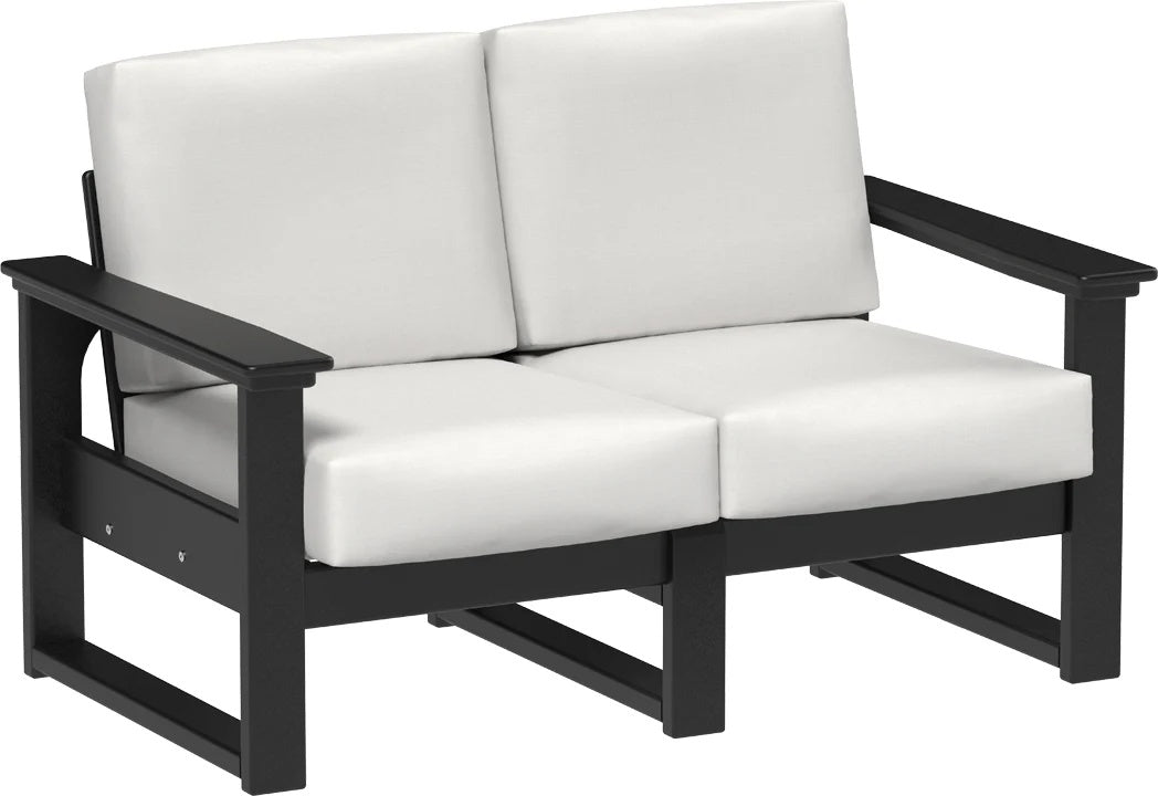 This image shows the deep seating loveseat on a white background. The frames are black and the cushions are canvas.