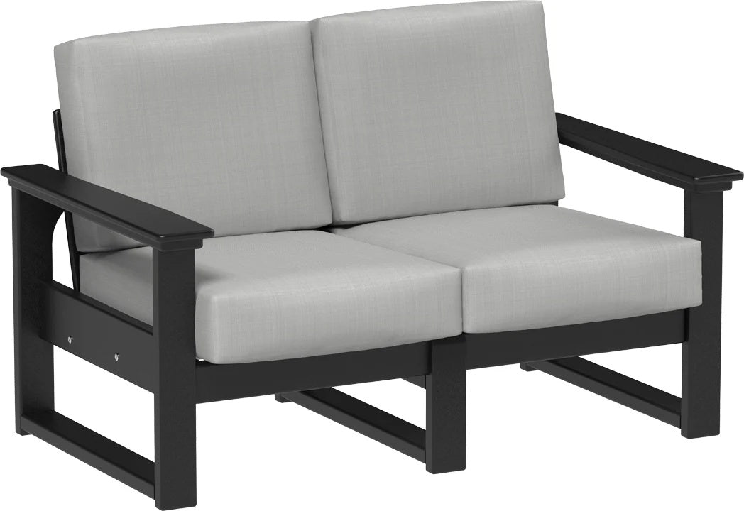 This image shows the deep seating loveseat on a white background. The frames are black and the cushions are spectrum dove.