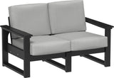 This image shows the deep seating loveseat on a white background. The frames are black and the cushions are spectrum dove.
