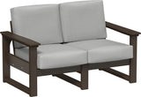 This image shows the deep seating loveseat on a white background. The frames are Brazilian walnut and the cushions are spectrum dove.