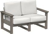 This image shows the deep seating loveseat on a white background. The frames are coastal gray and the cushions are canvas.