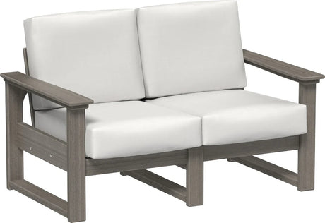 This image shows the deep seating loveseat on a white background. The frames are coastal gray and the cushions are canvas.