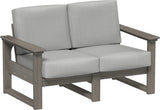 This image shows the deep seating loveseat on a white background. The frames are coastal gray and the cushions are spectrum dove.