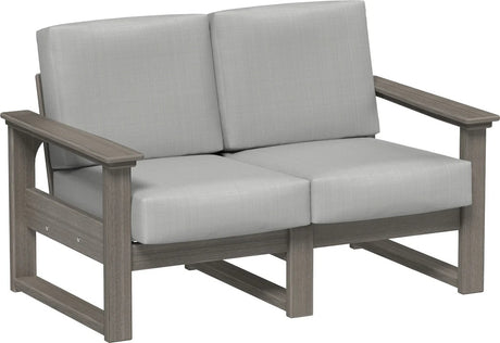 This image shows the deep seating loveseat on a white background. The frames are coastal gray and the cushions are spectrum dove.