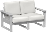 This image shows the deep seating loveseat on a white background. The frames are dove gray and the cushions are canvas.