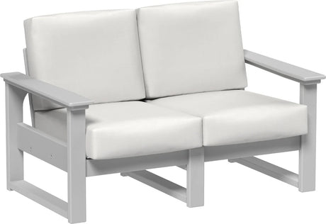 This image shows the deep seating loveseat on a white background. The frames are dove gray and the cushions are canvas.