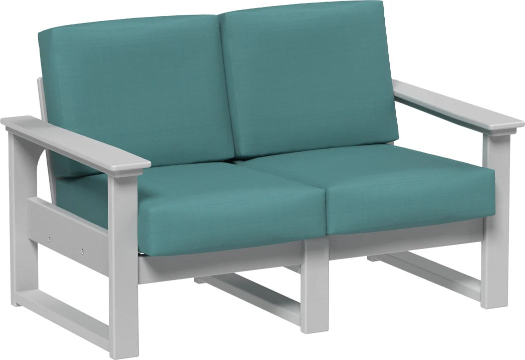 This image shows the deep seating loveseat on a white background. The frames are dove gray and the cushions are cast breeze.