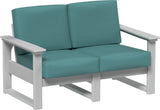 This image shows the deep seating loveseat on a white background. The frames are dove gray and the cushions are cast breeze.