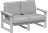 This image shows the deep seating loveseat on a white background. The frames are dove gray and the cushions are spectrum dove.