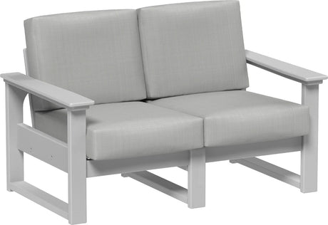 This image shows the deep seating loveseat on a white background. The frames are dove gray and the cushions are spectrum dove.