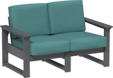 This image shows the deep seating loveseat on a white background. The frames are slate and the cushions are cast breeze.