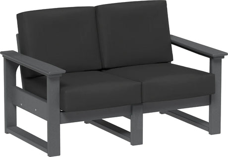 This image shows the deep seating loveseat on a white background. The frames are slate and the cushions are spectrum carbon.