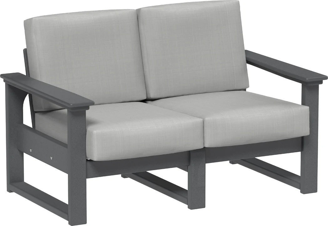 This image shows the deep seating loveseat on a white background. The frames are slate and the cushions are spectrum dove.