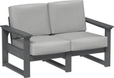 This image shows the deep seating loveseat on a white background. The frames are slate and the cushions are spectrum dove.