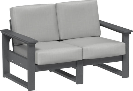 This image shows the deep seating loveseat on a white background. The frames are slate and the cushions are spectrum dove.