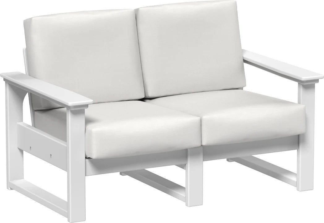 This image shows the deep seating loveseat on a white background. The frames are white and the cushions are canvas.