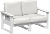 This image shows the deep seating loveseat on a white background. The frames are white and the cushions are canvas.