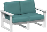 This image shows the deep seating loveseat on a white background. The frames are white and the cushions are cast breeze.