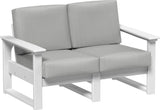 This image shows the deep seating loveseat on a white background. The frames are white and the cushions are spectrum dove.