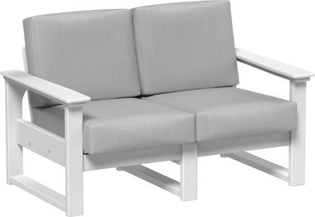 This image shows the deep seating loveseat on a white background. The frames are white and the cushions are spectrum dove.