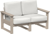 This image shows the deep seating loveseat on a white background. The frames are weatherwood and the cushions are canvas.