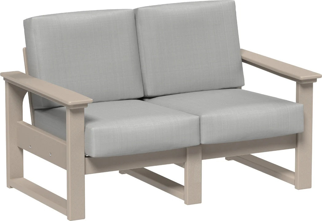 This image shows the deep seating loveseat on a white background. The frames are weatherwood and the cushions are spectrum dove.