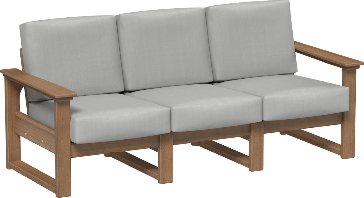 This image shows the deep seating sofa on a white background. The frames are antique mahogany and the cushions are spectrum dove.
