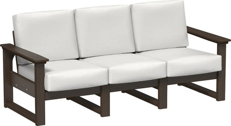 This image shows the deep seating sofa on a white background. The frames are Brazilian walnut and the cushions are canvas.