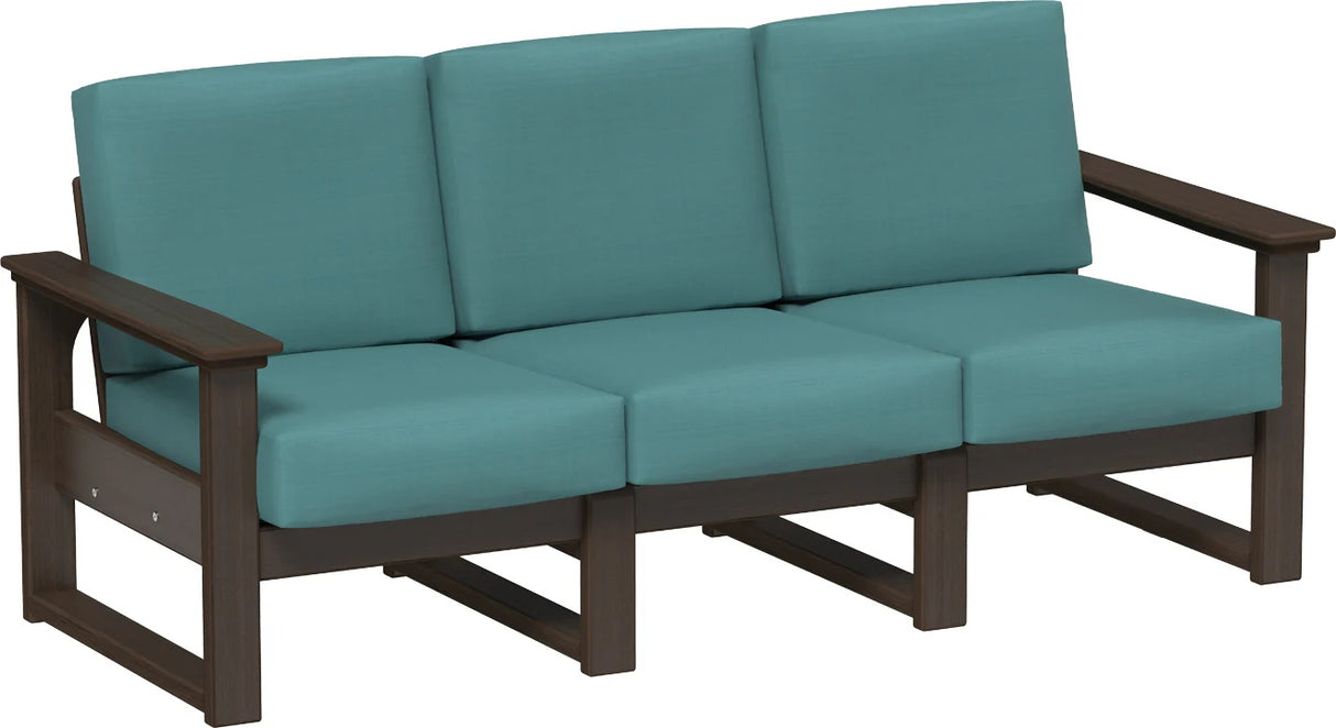 This image shows the deep seating sofa on a white background. The frames are Brazilian walnut and the cushions are cast breeze.