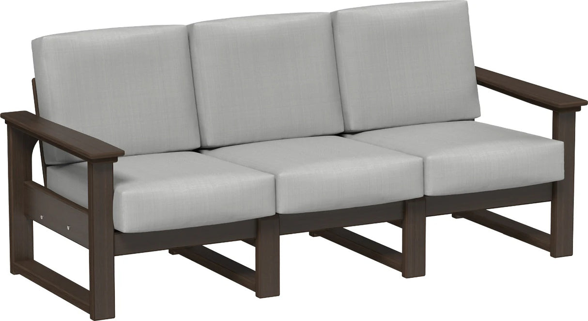 This image shows the deep seating sofa on a white background. The frames are Brazilian walnut and the cushions are spectrum dove.