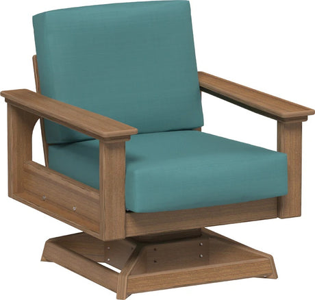 This image shows the deep seating swivel rocker chair on a white background. The frames are antique mahogany and the cushions are cast breeze.
