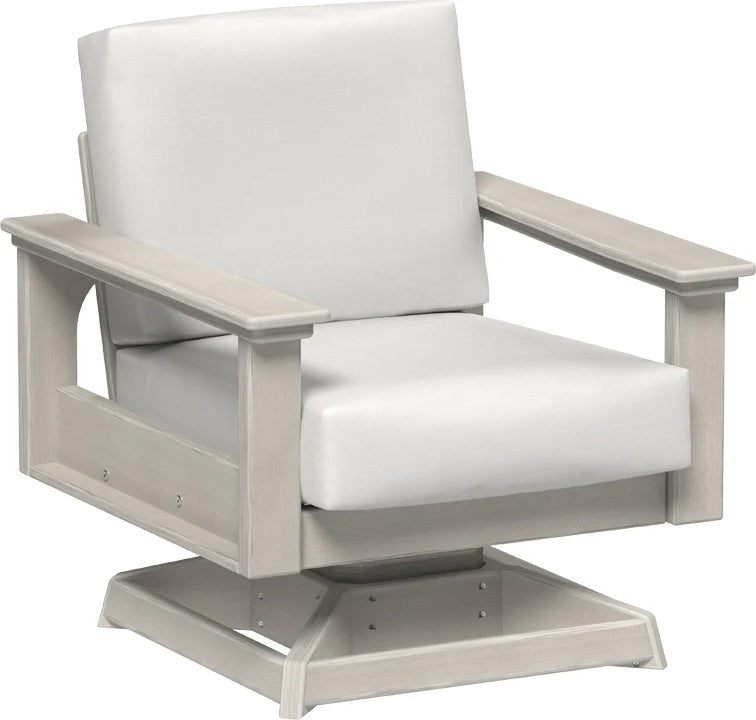This image shows the deep seating swivel rocker chair on a white background. The frames are birch and the cushions are canvas.