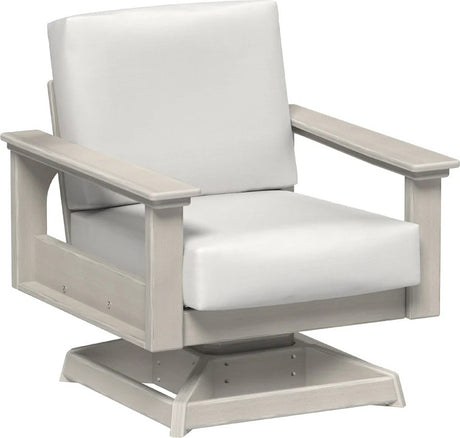 This image shows the deep seating swivel rocker chair on a white background. The frames are birch and the cushions are canvas.