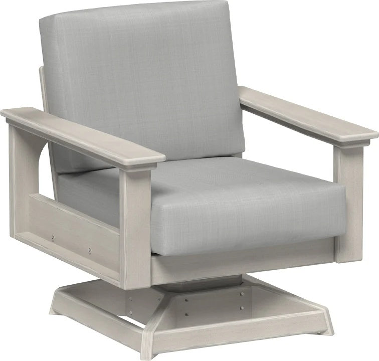 This image shows the deep seating swivel rocker chair on a white background. The frames are birch and the cushions are spectrum dove.